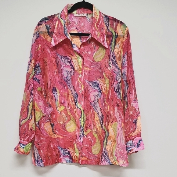 Vtg Carol Henry 70s Vibrant Marbled Sheer Button Up, LS, Large, Pink Blue Orange - Picture 1 of 10